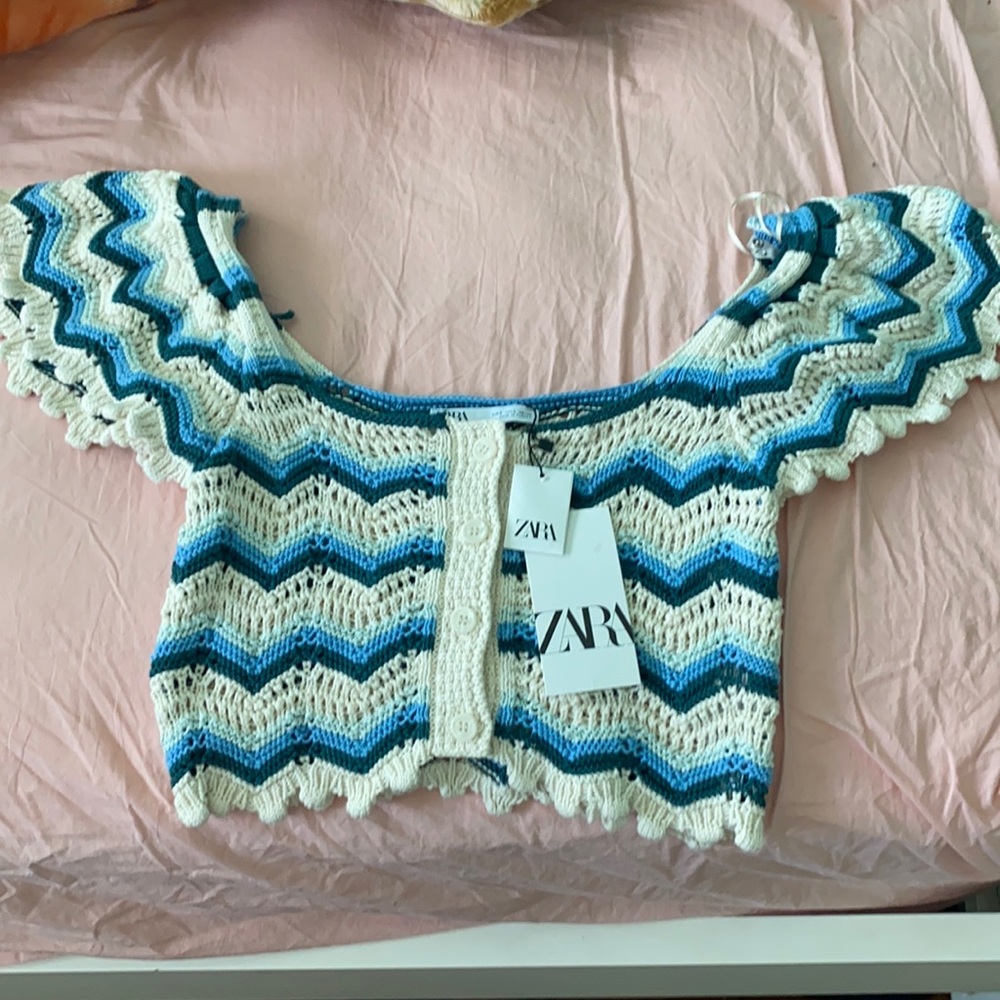 NWT ZARA Blue and White Crochet Knit Top
